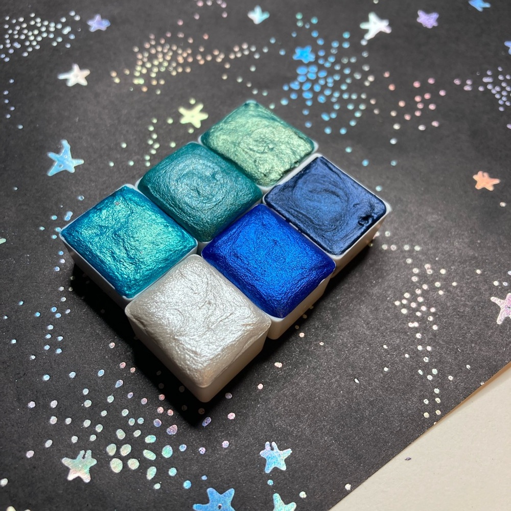 Metallic 6 Colors Watercolor Paints - Half Pans blues Set